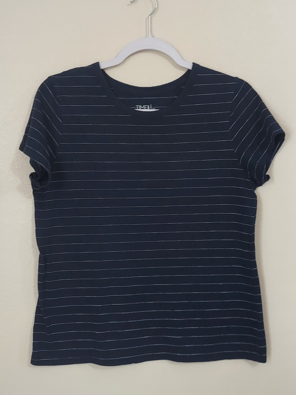 Time and Tru Navy and White Striped Short Sleeve Tee